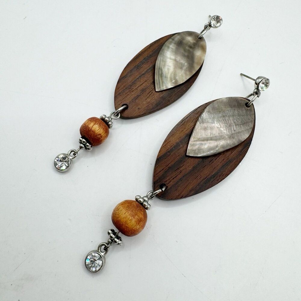 Boho Bohemian Wooden Leaf Mother Of Pearl Layered Long Dangle Earrings
